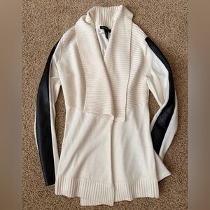 INC International Concepts Cream Open-Front Cardigan with Black Sleeve Panels